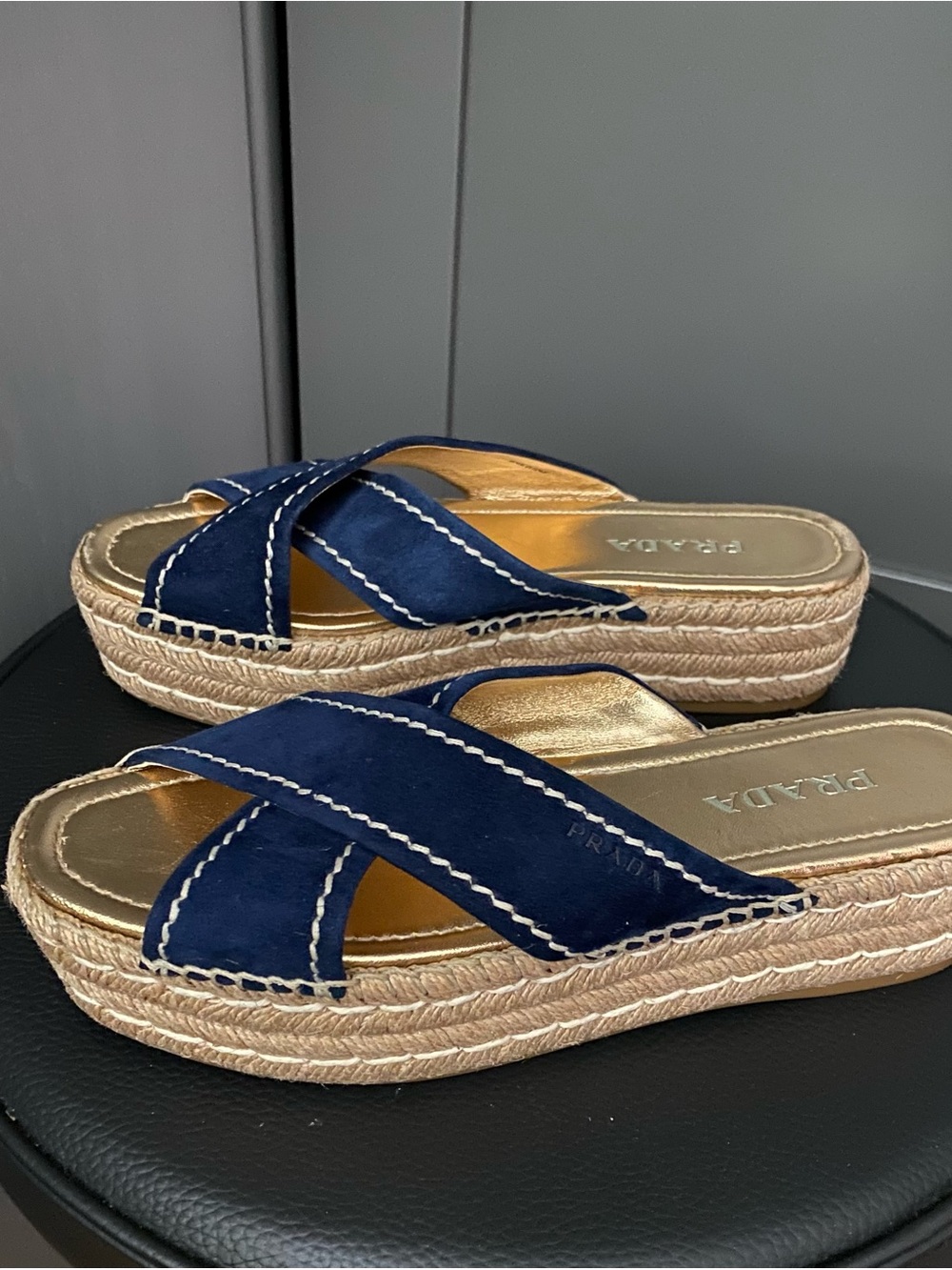 Prada Navy Suede Cross-Strap Espadrille Platform Slides